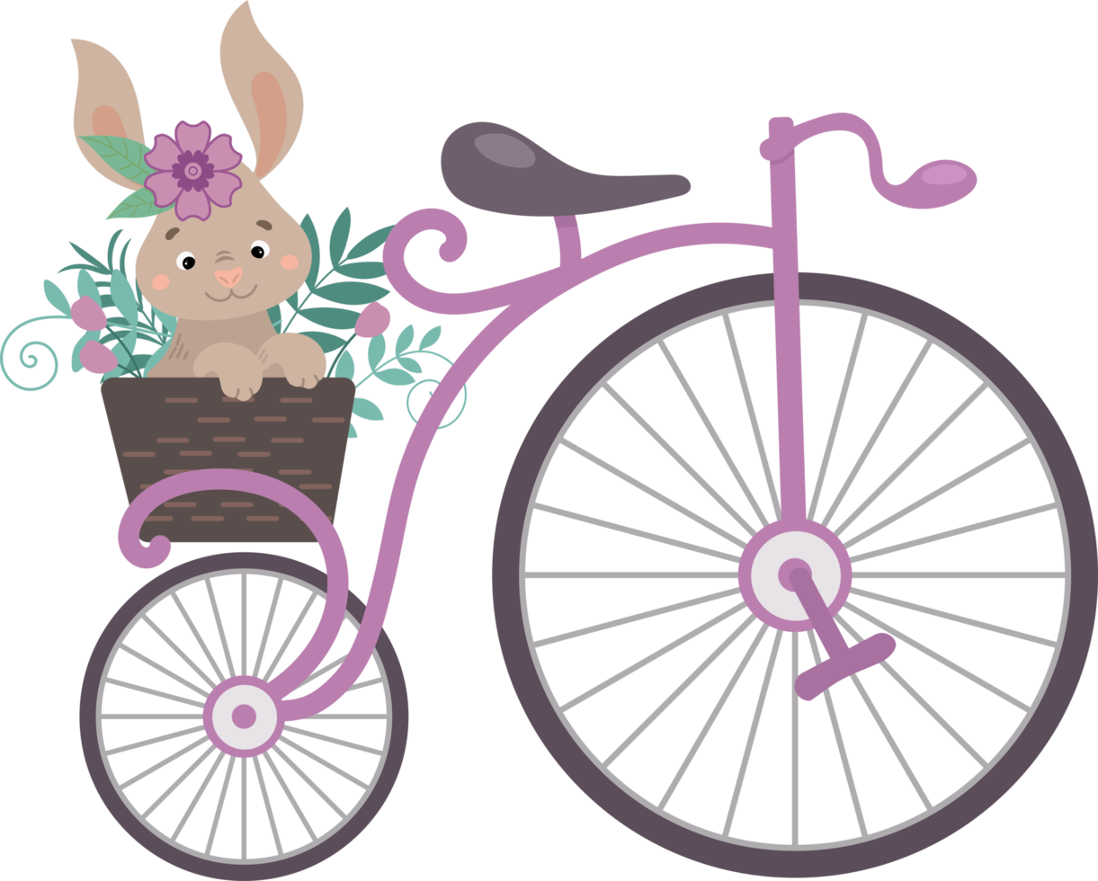bicicleta vintage con una canasta de flores y un lindo conejo. ilustración en estilo plano de dibujos animados png