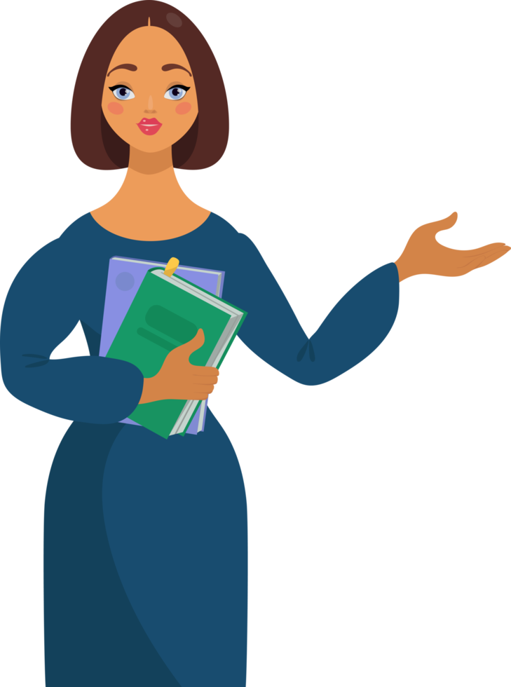 Cute Female teacher, girl pointing with her hand, holding books. School and learning concept, teacher s day,  illustration in cartoon style png