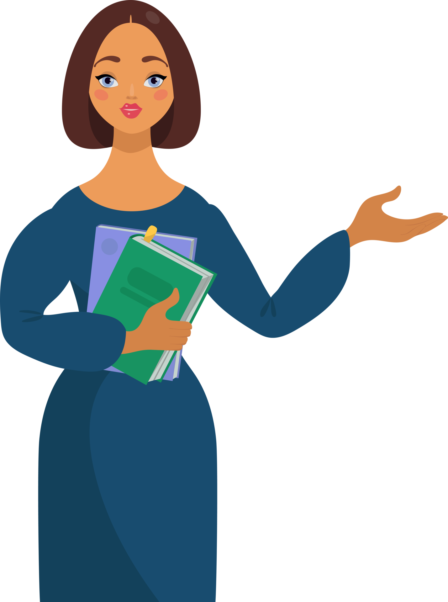 Free Cute Female teacher, girl pointing with her hand, holding books.  School and learning concept, teacher s day, illustration in cartoon style  13166349 PNG with Transparent Background