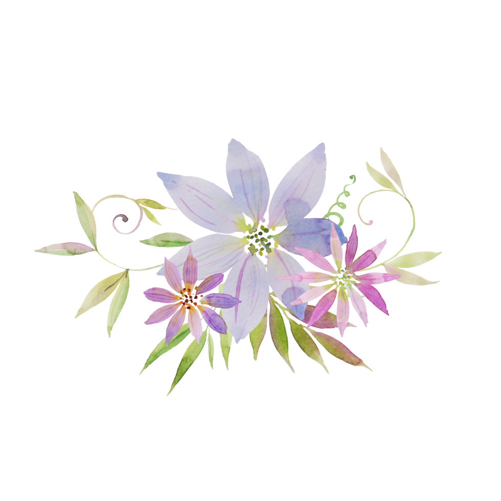 un' ramo di bellissimo delicato viola fiori con le foglie. mano disegno per saluto carte, saluti, Stampa. png