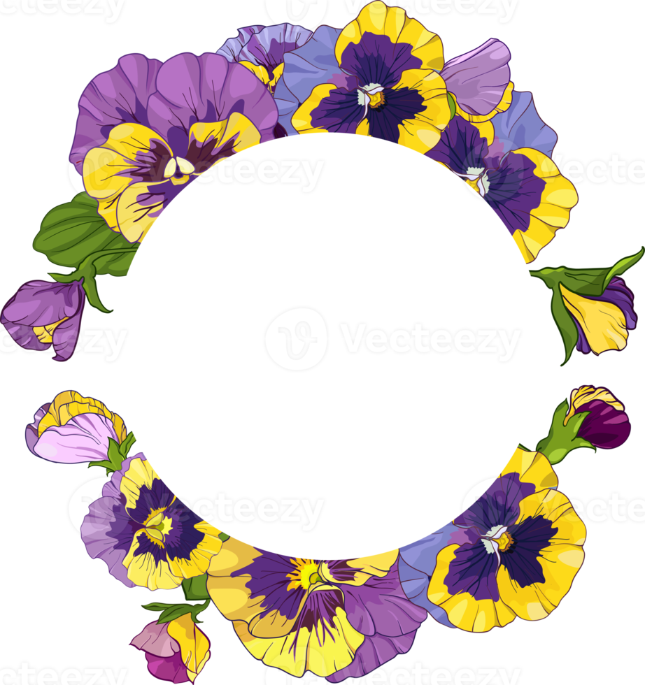marco redondo con flores de pensamiento, viola de corona, flores amarillas y moradas adorno de hojas verdes png