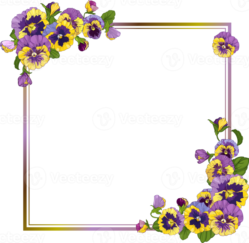 plein kader met viooltje bloemen, geel en Purper bloemen groen bladeren ornament png