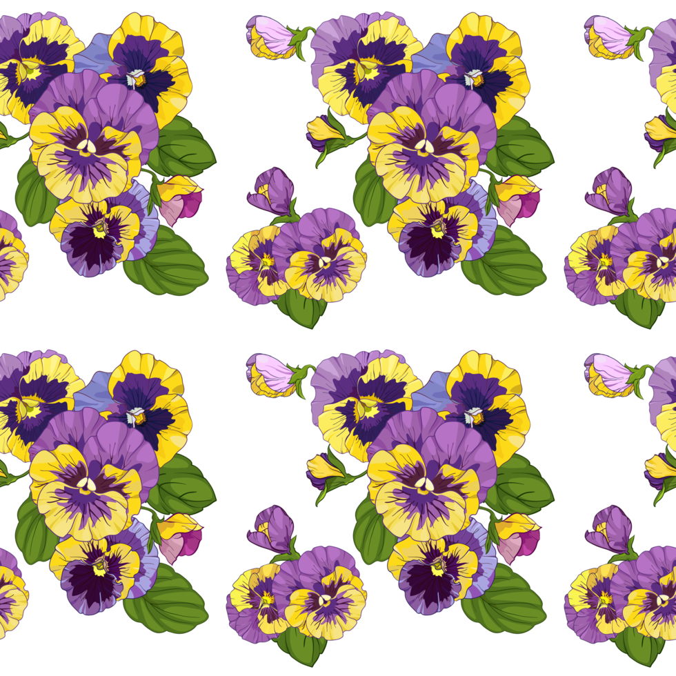 pansies floral seamless pattern. viola, yellow and purple flowers png