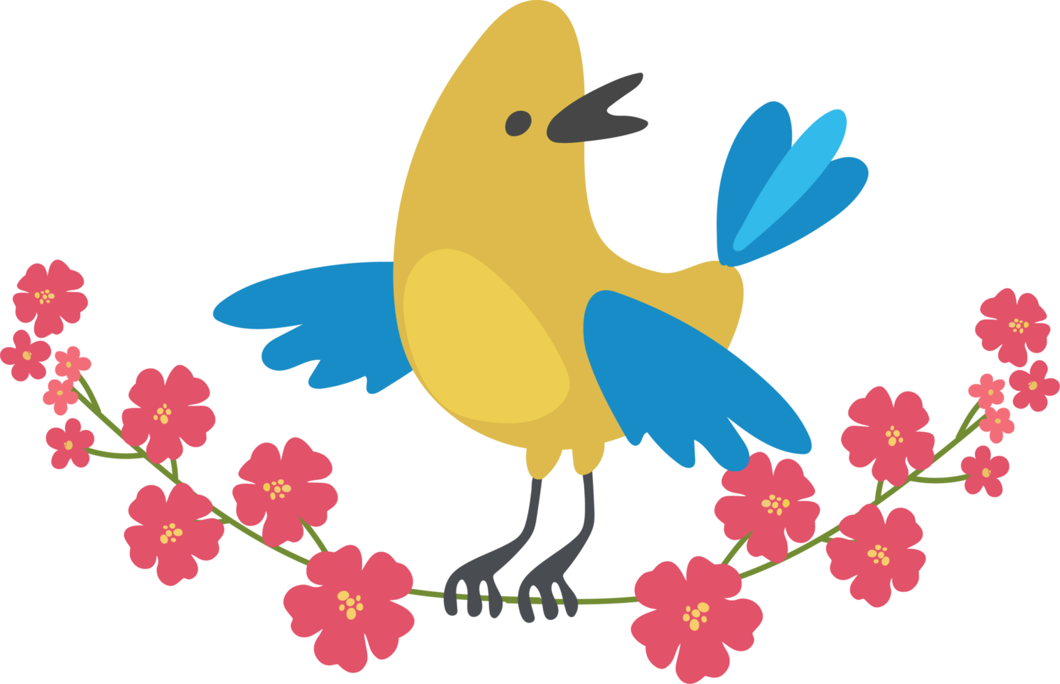 Yellow bird sits on a branch with red flowers png