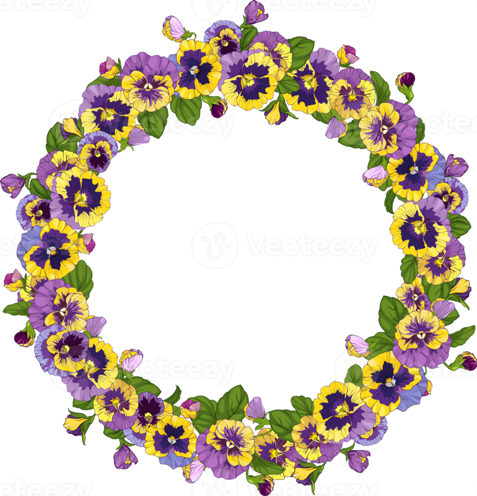 round frame with pansy flowers, wreath viola, yellow and purple flowers green leaves ornament png