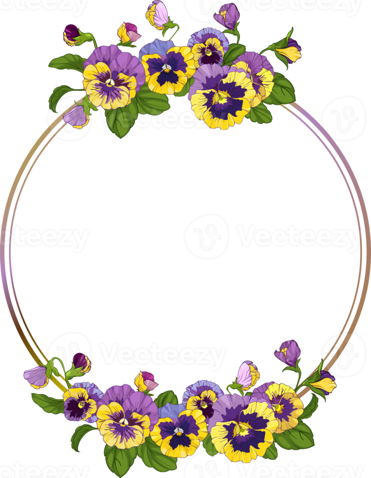 cadre rond avec fleurs de pensée, alto de couronne, ornement de feuilles vertes de fleurs jaunes et violettes png