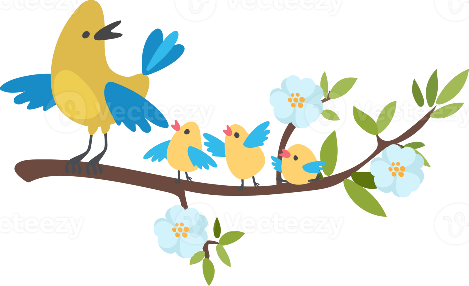 Yellow bird with chicks on a flowering branch png