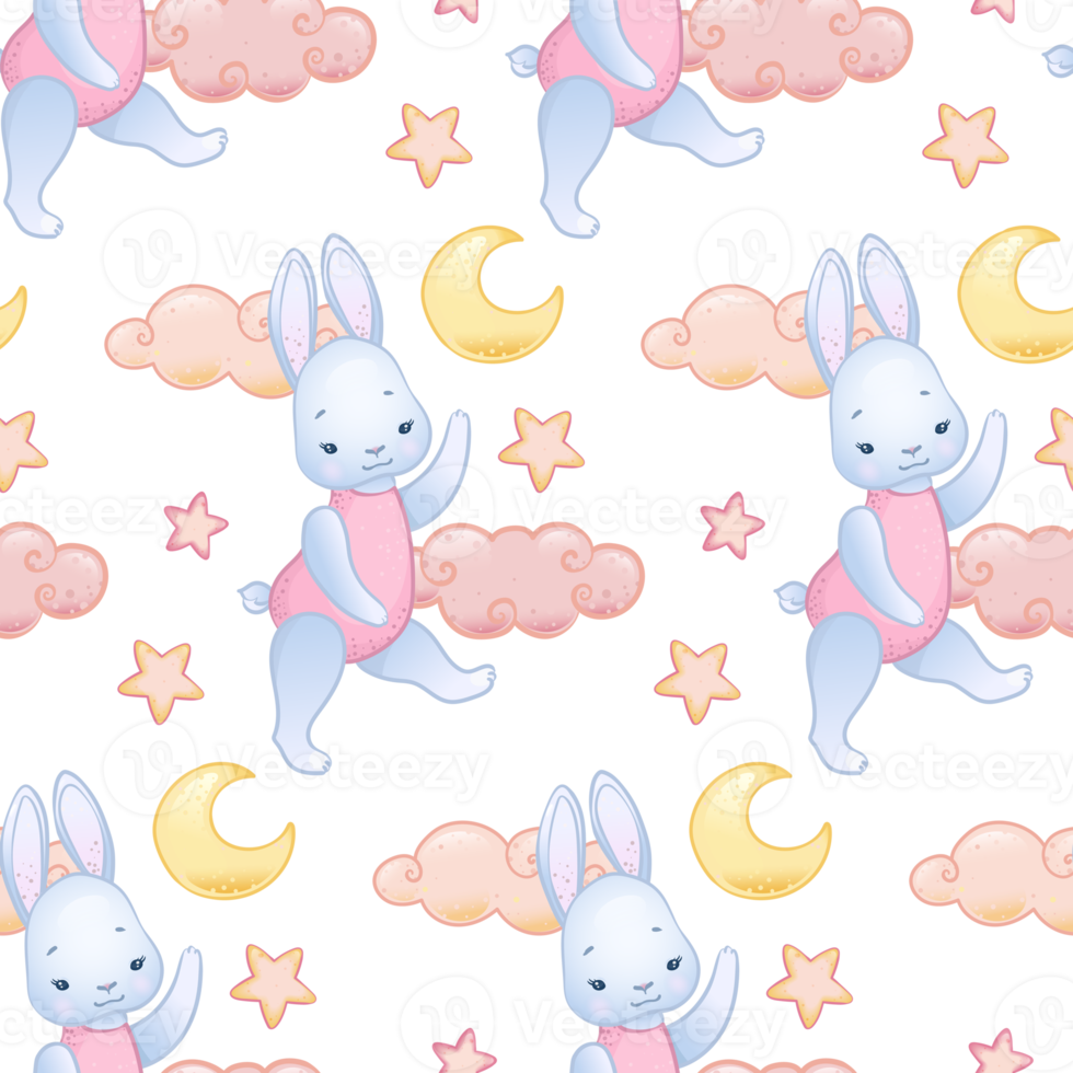 Cute bunny and moon and clouds, pattern in boho cartoon style, seamless pattern png