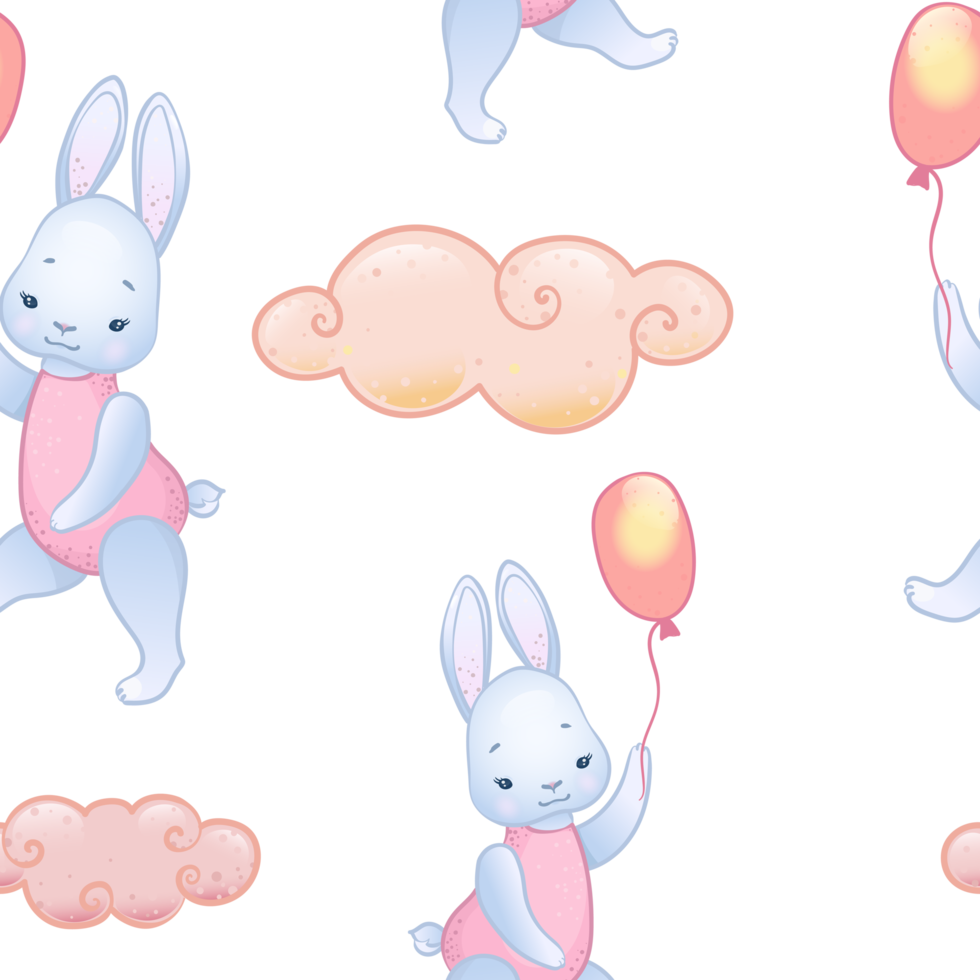 Cute bunny with pink air balloon, pattern in boho cartoon style, seamless pattern png