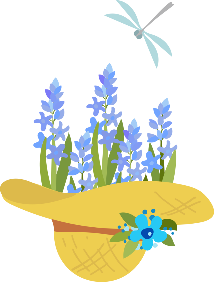 chapeau d'été avec fleurs, jacinthes bleues et libellule, illustration sur le thème du jardinage png