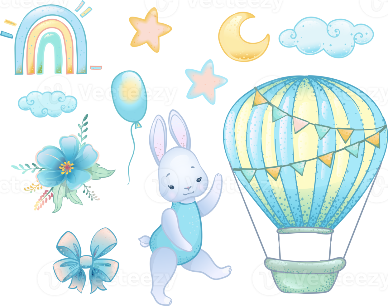 it's a boy, set of elements cute with bunny, rabbit illustration, hot air balloon, stars, rainbow png