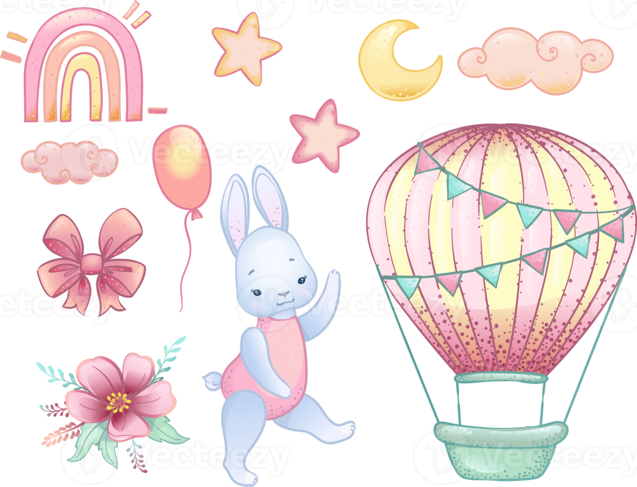 hand drawn baby shower collection for girl with cute bunny, moon, cloud, rainbow, star for nursery decoration png