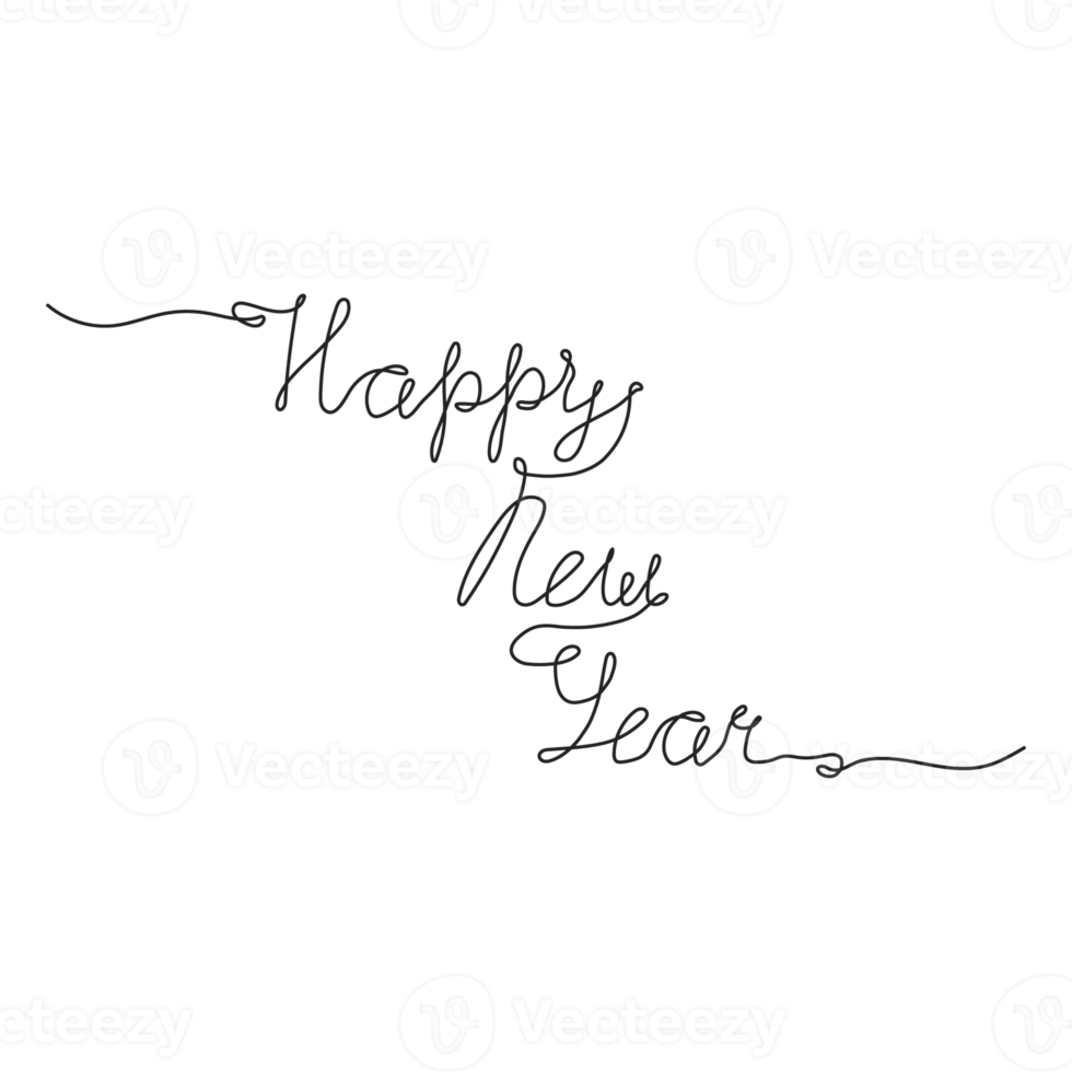 Continuous one line drawing of lettering Happy New Year. Festive hand drawn text in linear style. Png on transparent background