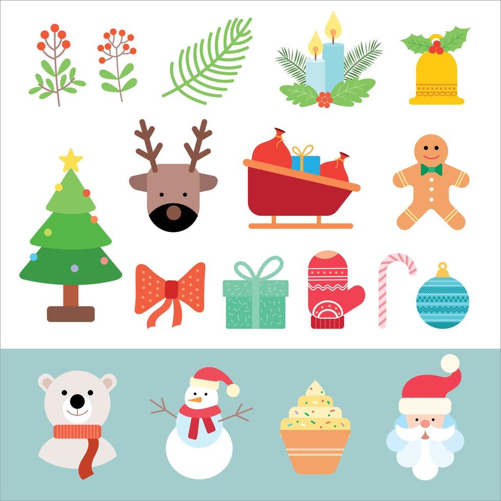 Set of vector Christmas elements Gift box, Ball, Santa, Candle, Gingerbread Man, Candy, Bell, Isolated on White Background