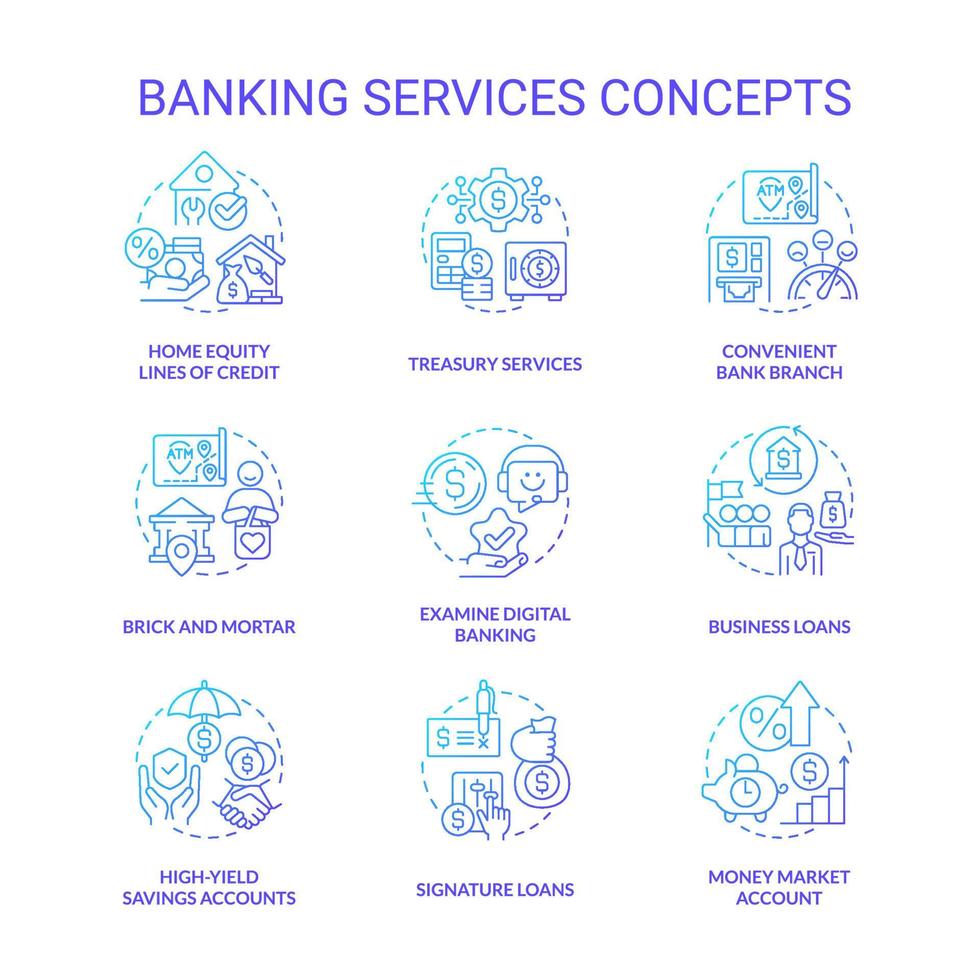 Banking services blue gradient concept icons set. Financial operations system. Money protection idea thin line color illustrations. Isolated symbols. vector