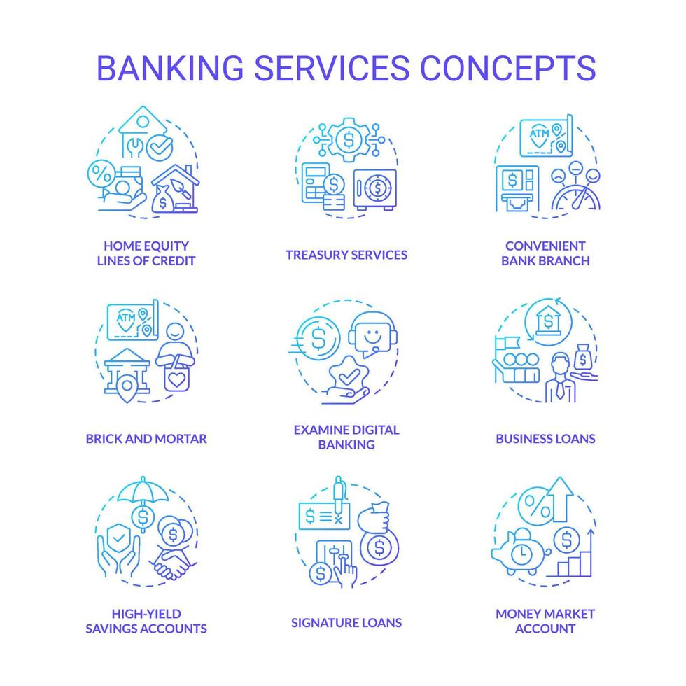 conjunto de iconos de concepto de gradiente azul de servicios bancarios. sistema de operaciones financieras. idea de protección del dinero ilustraciones en color de línea delgada. símbolos aislados. vector