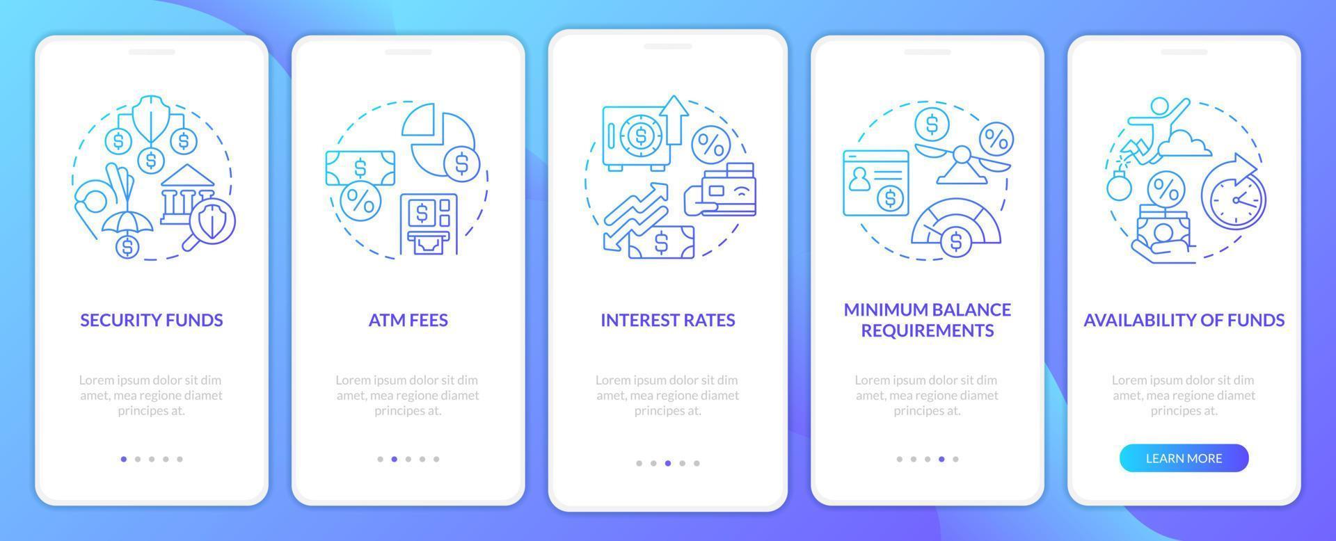 eligiendo la pantalla de la aplicación móvil de incorporación de degradado azul de la cooperativa de crédito. tutorial bancario 5 pasos instrucciones gráficas con conceptos lineales. interfaz de usuario, ux, plantilla de interfaz gráfica de usuario. vector