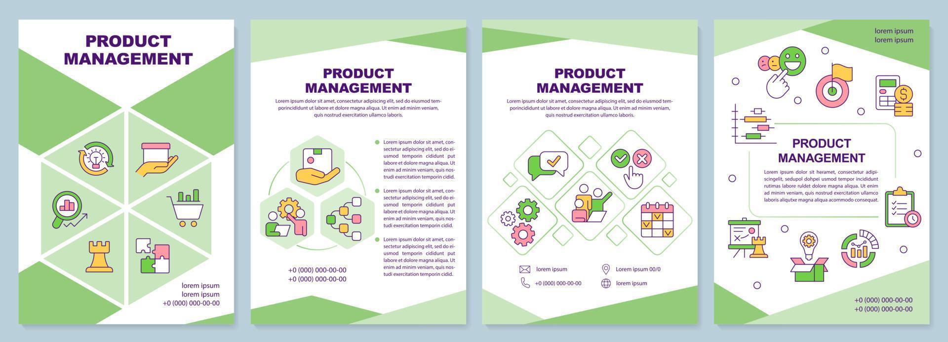 Product management green brochure template. Lifecycle control. Leaflet design with linear icons. Editable 4 vector layouts for presentation, annual reports.