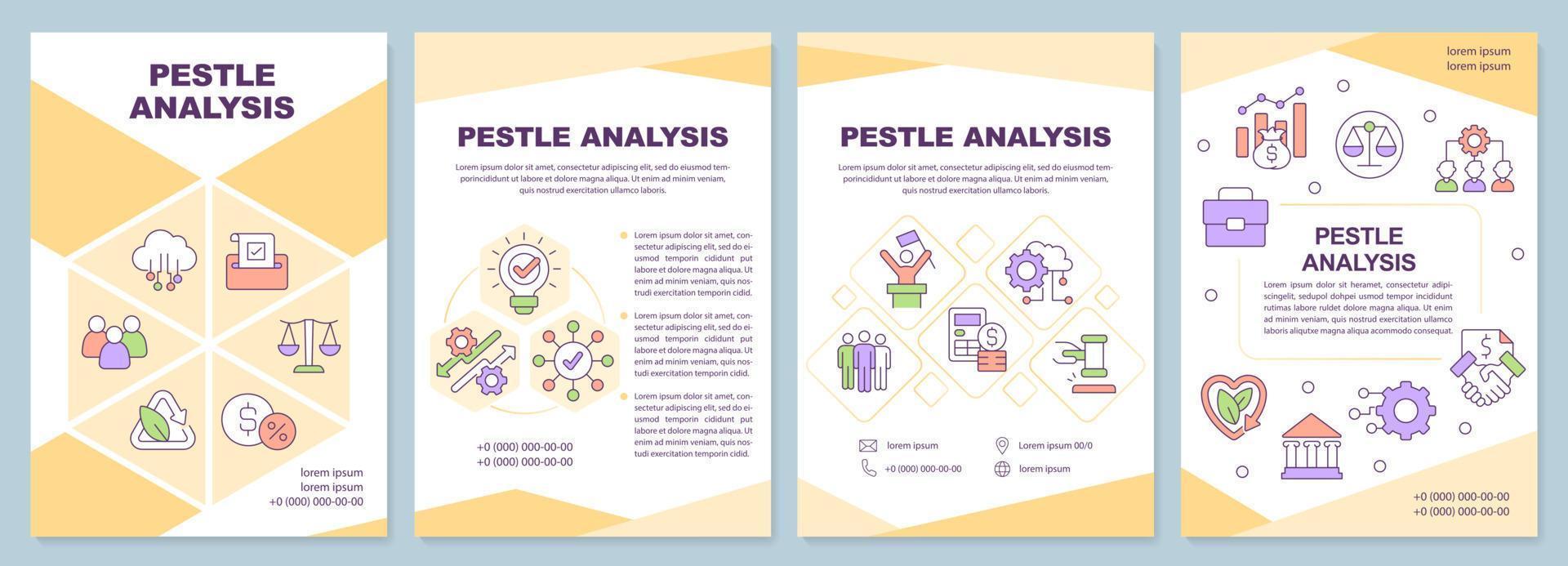 plantilla de folleto amarillo de análisis de mortero. herramienta de administracion. diseño de folletos con iconos lineales. 4 diseños vectoriales editables para presentación, informes anuales. vector