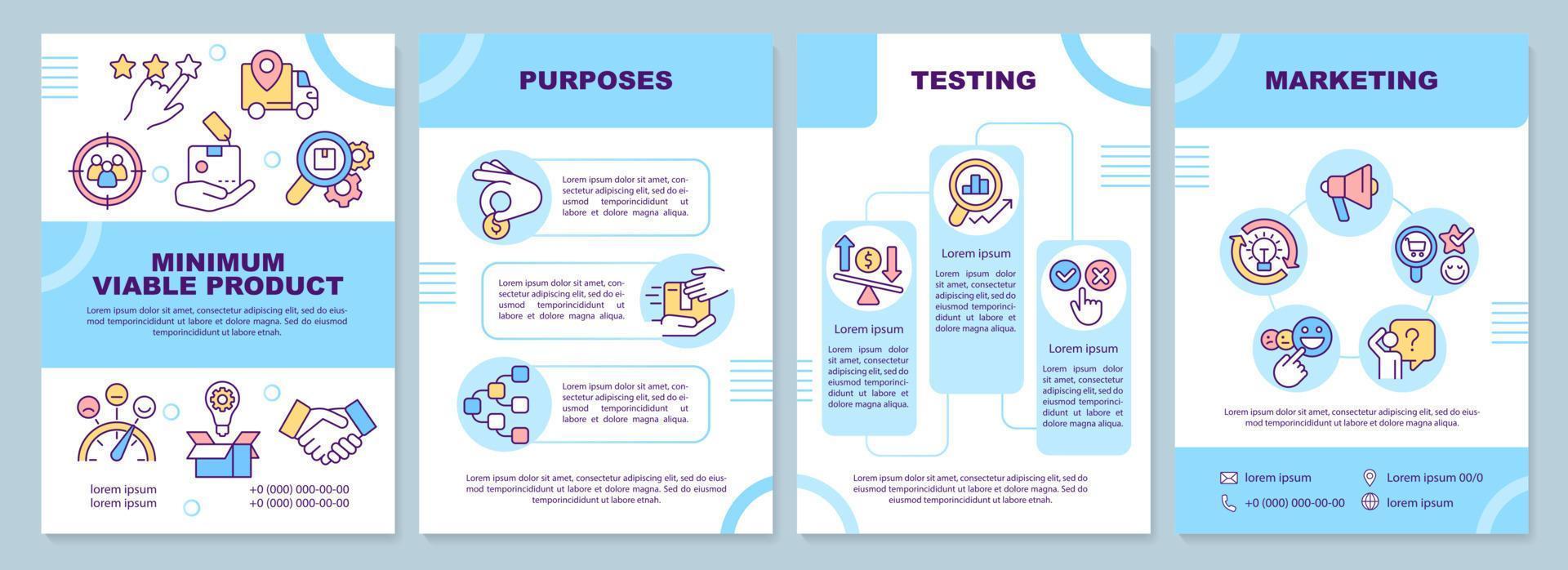Minimum viable product blue brochure template. Business. Leaflet design with linear icons. Editable 4 vector layouts for presentation, annual reports.