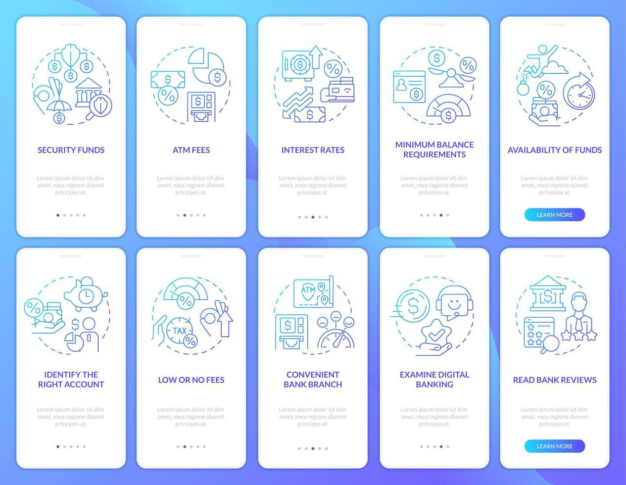 Choosing credit union and bank blue gradient onboarding mobile app screen set. Walkthrough 5 steps graphic instructions with linear concepts. UI, UX, GUI template. vector
