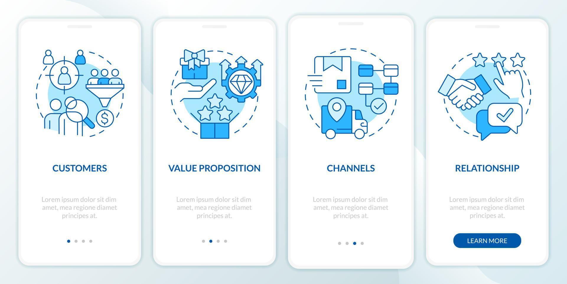 Business model canvas blue onboarding mobile app screen. Management walkthrough 4 steps editable graphic instructions with linear concepts. UI, UX, GUI template. vector