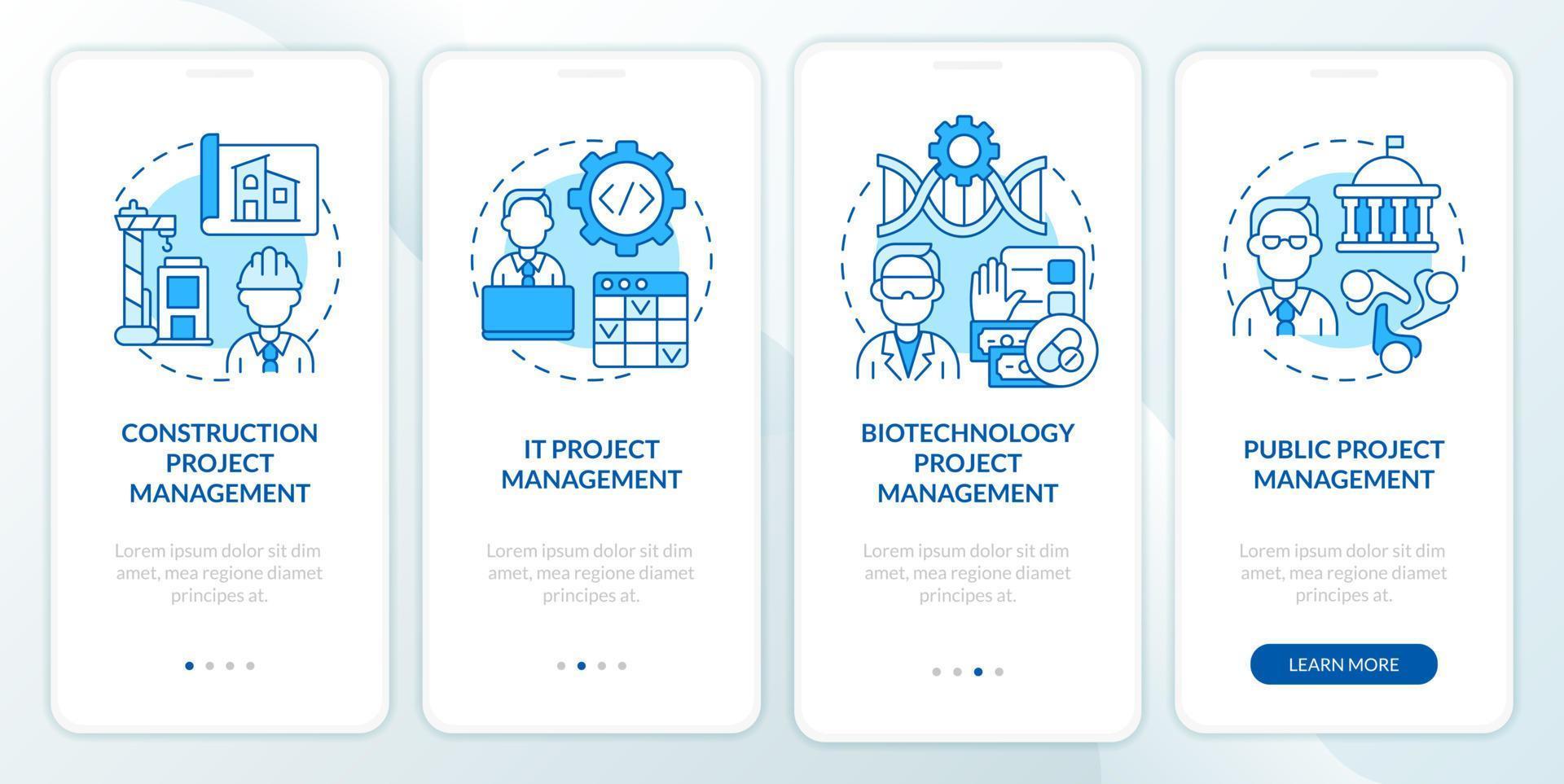 Project management types blue onboarding mobile app screen. Industries walkthrough 4 steps editable graphic instructions with linear concepts. UI, UX, GUI template. vector