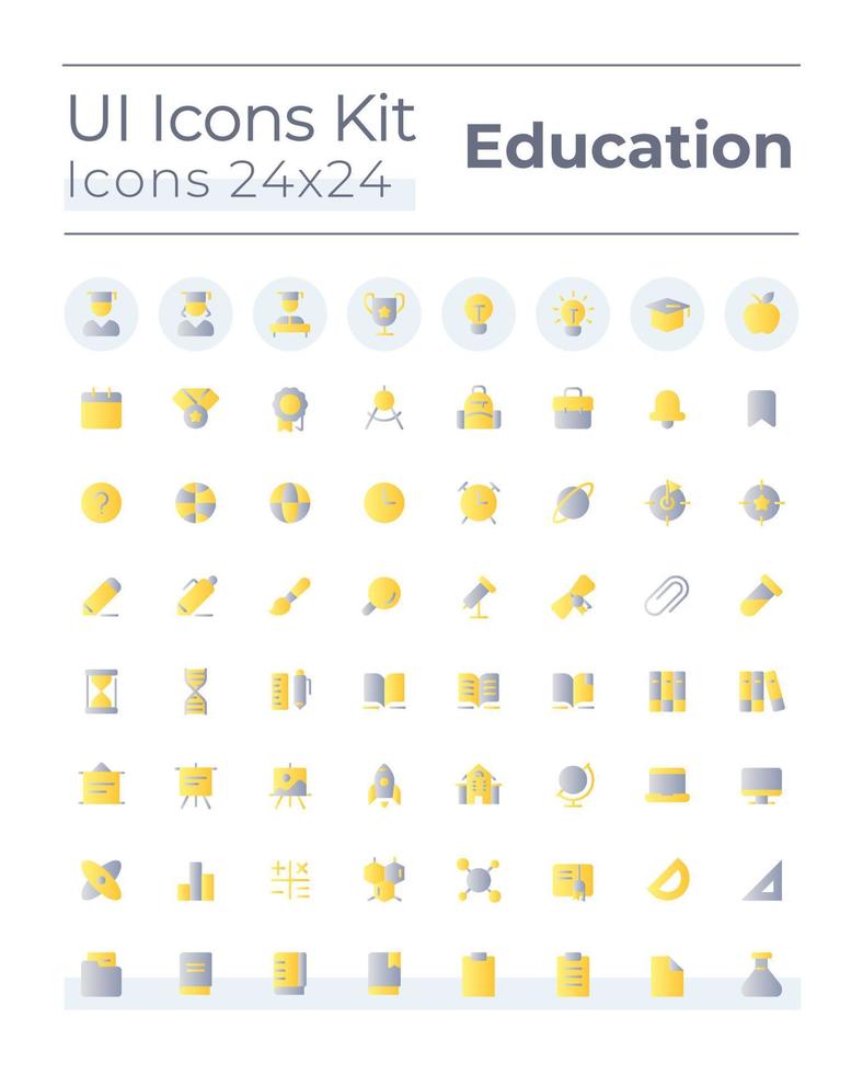 Distance learning platform flat gradient two-color ui icons set. Educational software for students. Vector isolated RGB pictograms. GUI, UX design for web, mobile.