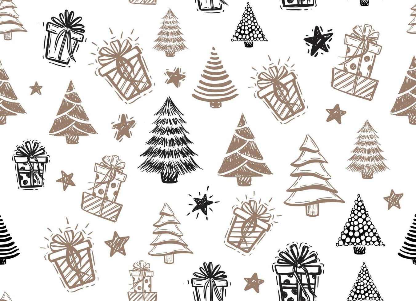 árbol, cajas de regalo, juego de estrellas, ilustraciones dibujadas a mano. vector