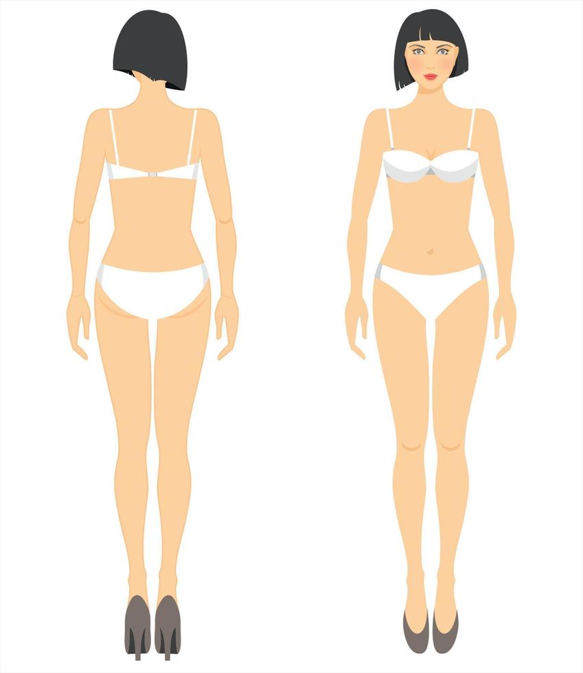 Beauty standing woman, full length portrait  front and back. vector