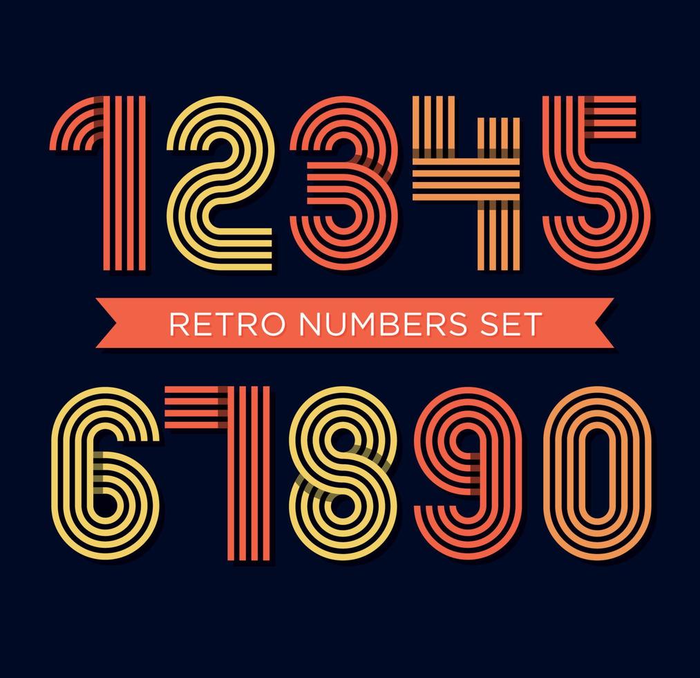 Retro stripes funky numbers set,trendy elegant retro style design. vector