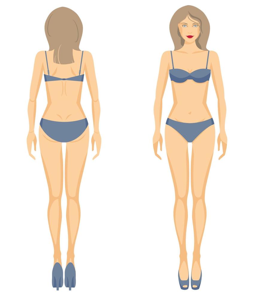 Beauty standing woman, full length portrait front and back. vector