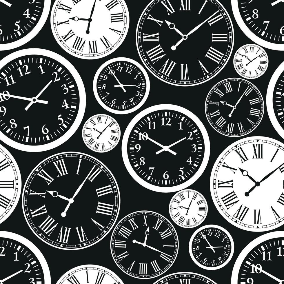 Clocks seamless pattern. Black and white texture of time. vector
