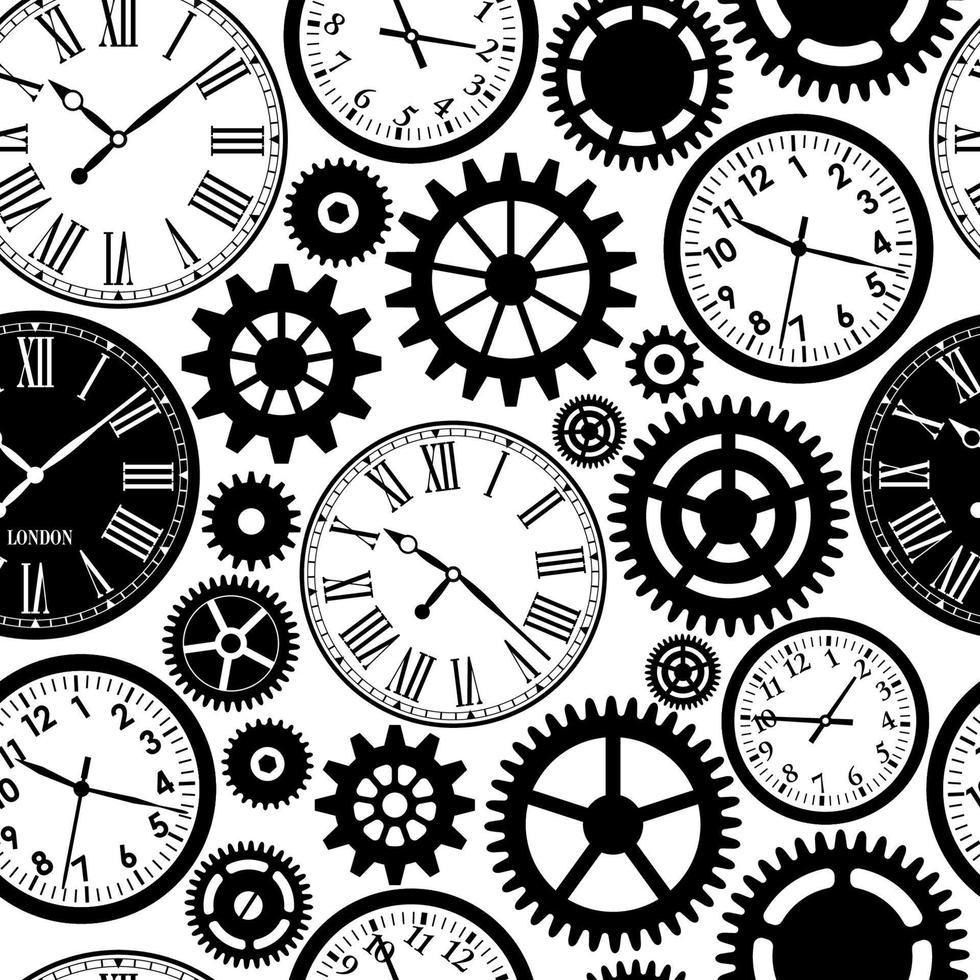 Clocks seamless pattern. Black and white texture of time. vector