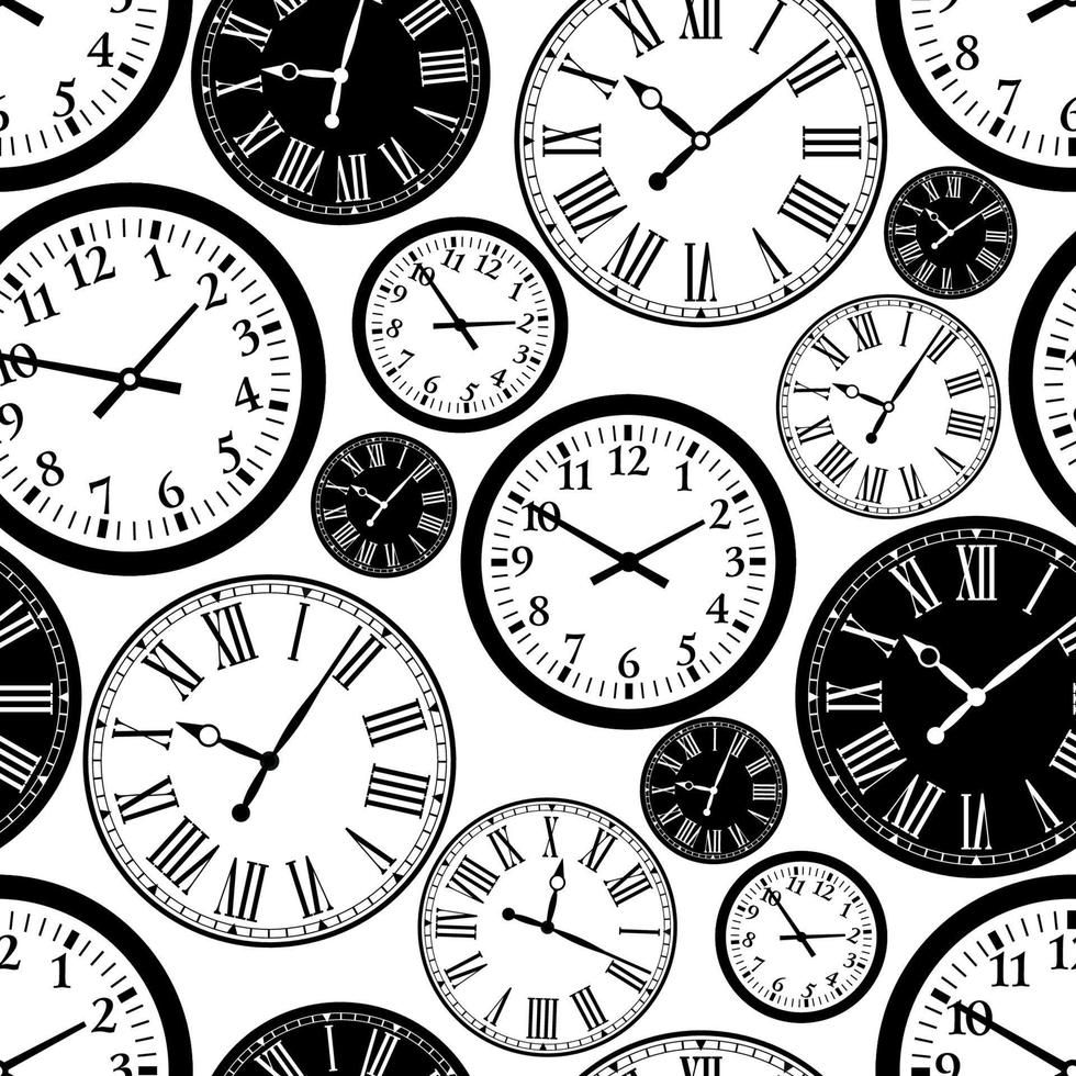 Clock seamless pattern. Black and white texture of time. vector