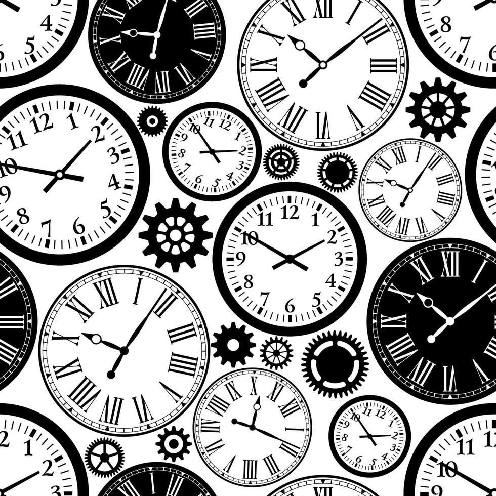 Clocks seamless pattern. Black and white texture of time. vector