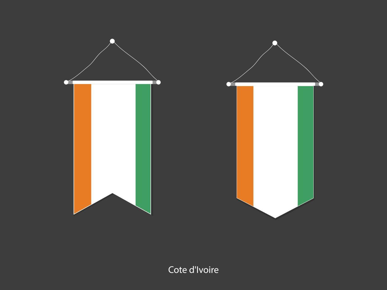 bandera de cote d'ivoire en varias formas, vector de banderín de bandera de fútbol, ilustración vectorial.