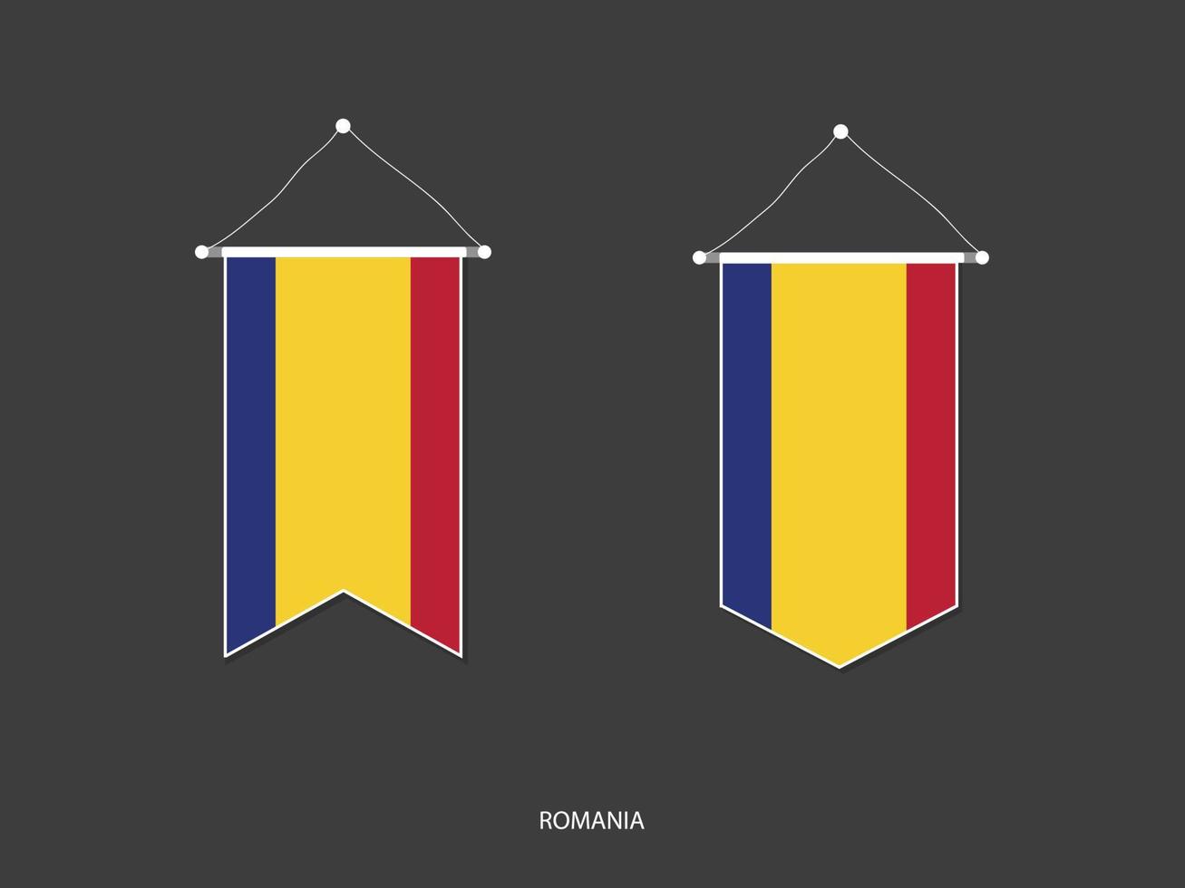 bandera de rumania en varias formas, vector de banderín de bandera de fútbol, ilustración vectorial.