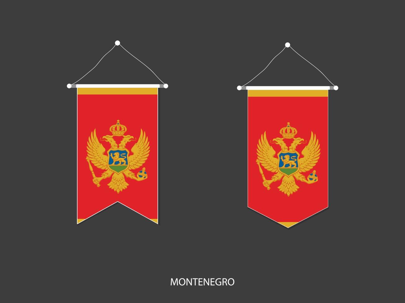 bandera de montenegro en varias formas, vector de banderín de bandera de fútbol, ilustración vectorial.