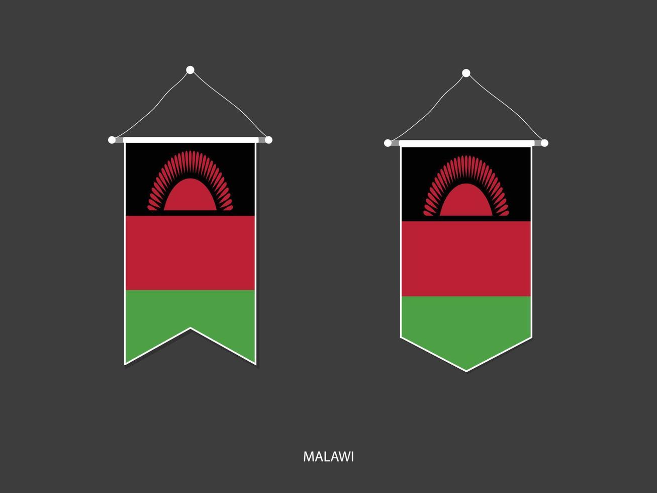 bandera de malawi en varias formas, vector de banderín de bandera de fútbol, ilustración vectorial.