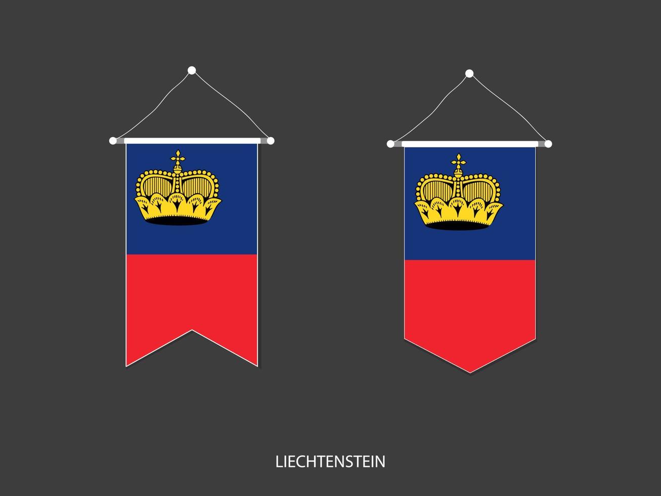 bandera de liechtenstein en varias formas, vector de banderín de bandera de fútbol, ilustración vectorial.