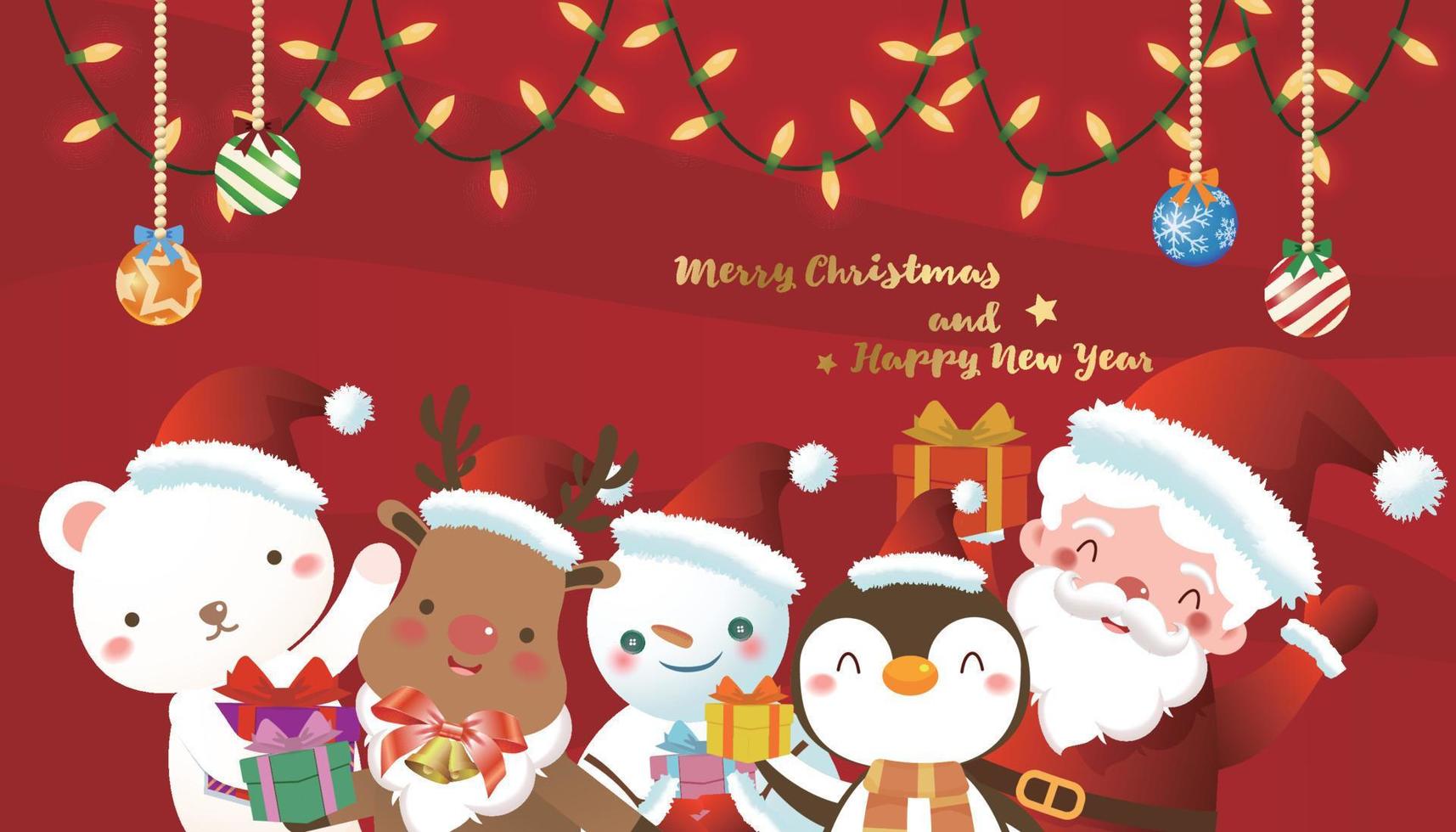 Santa Claus and little animals are celebrating Christmas with gifts, string lights and decorations on red background vector