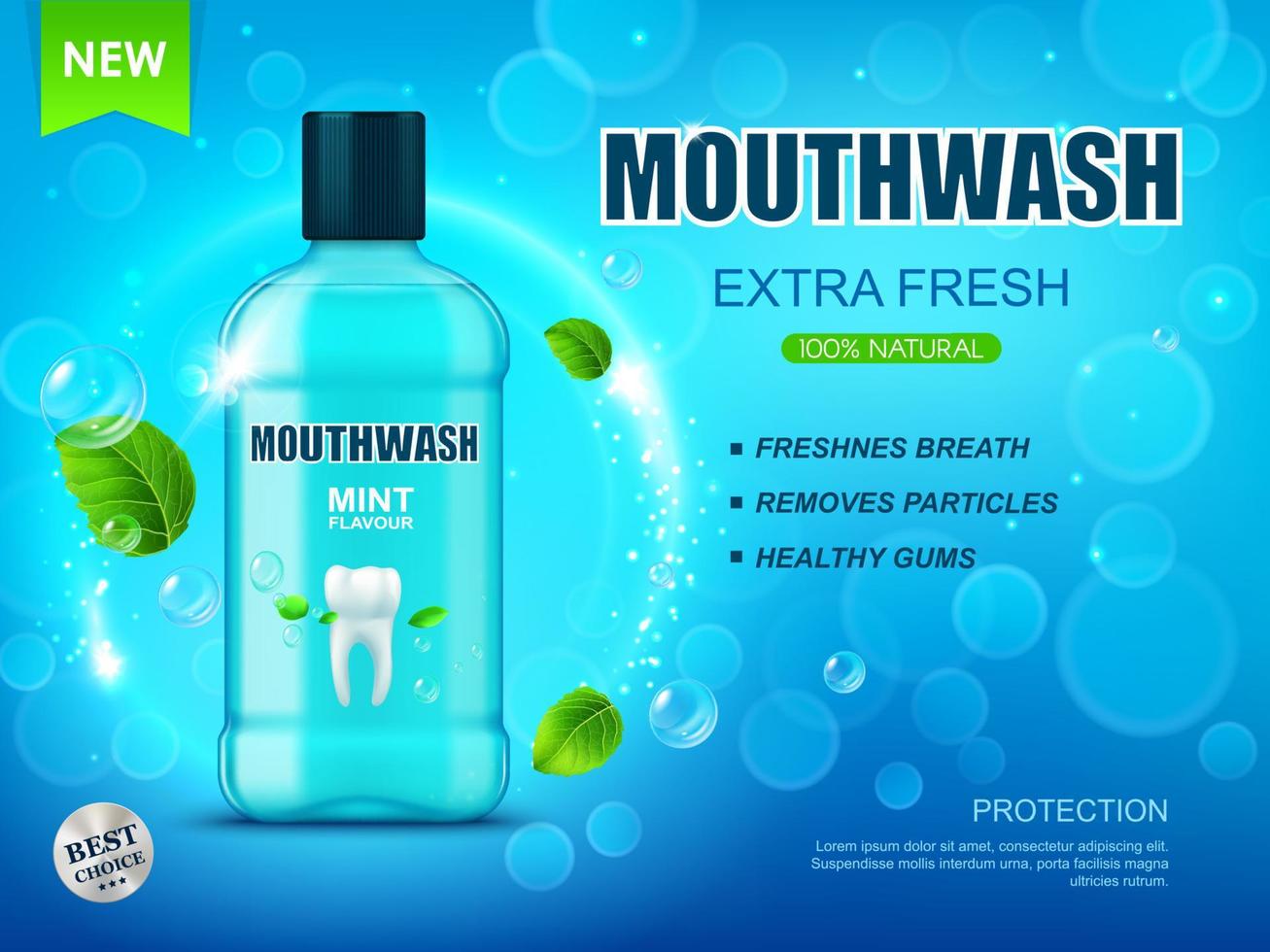 Realistic cool mint mouse rinse, mouthwash bottle vector