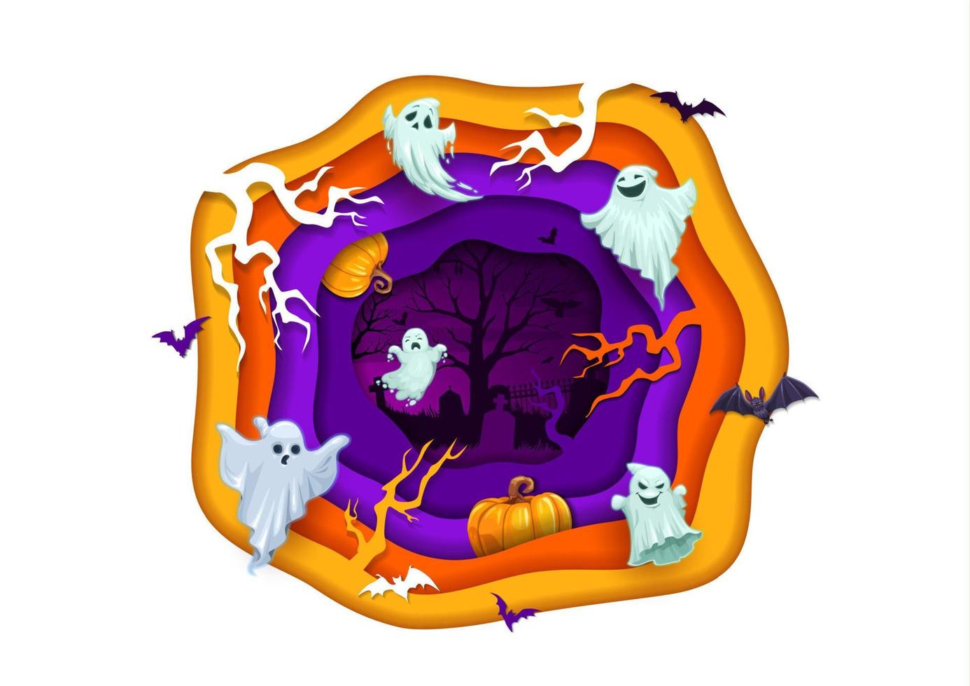 Halloween paper cut funny ghosts on night cemetery vector