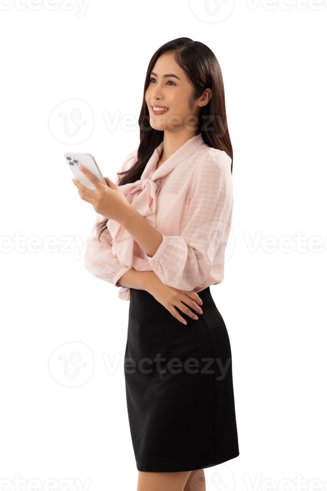 Portrait of a smiling asian woman using smartphone cutout, Png file