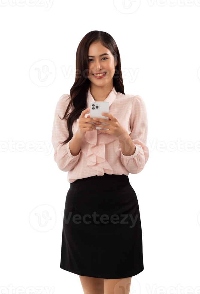 Portrait of a smiling asian woman using smartphone cutout, Png file