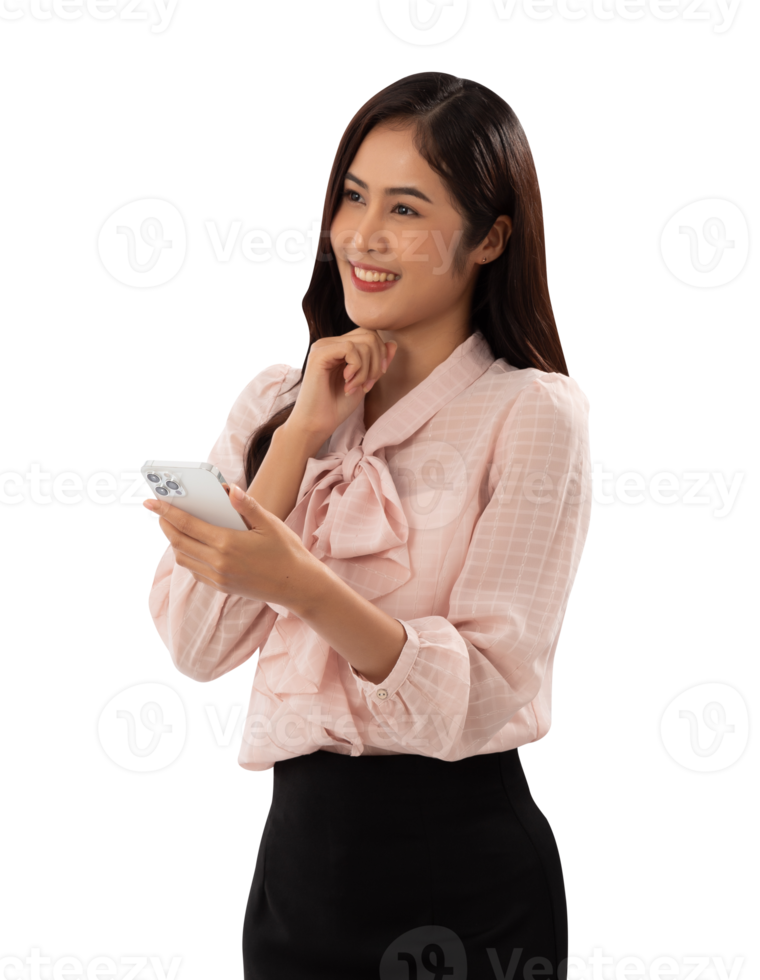 Portrait of a smiling asian woman using smartphone cutout, Png file