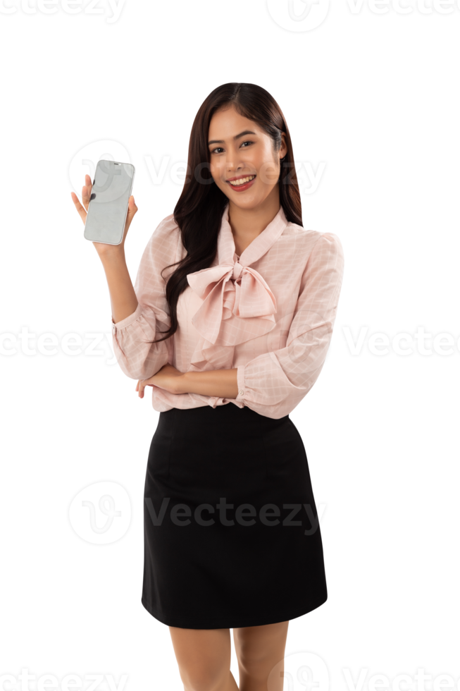 Portrait of a smiling asian woman using smartphone cutout, Png file