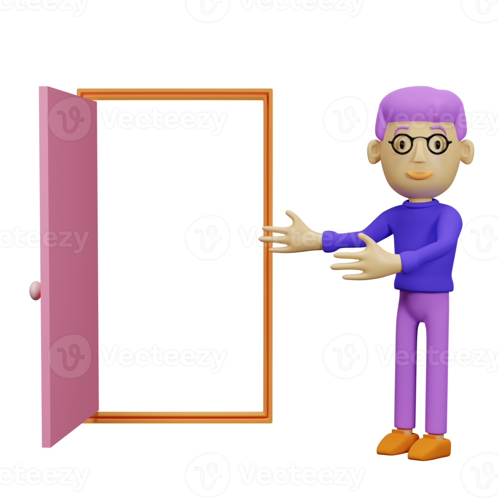Character cartoon man open door with lot of light on gray walls room, mockup template concept, 3d illustration or 3d render png