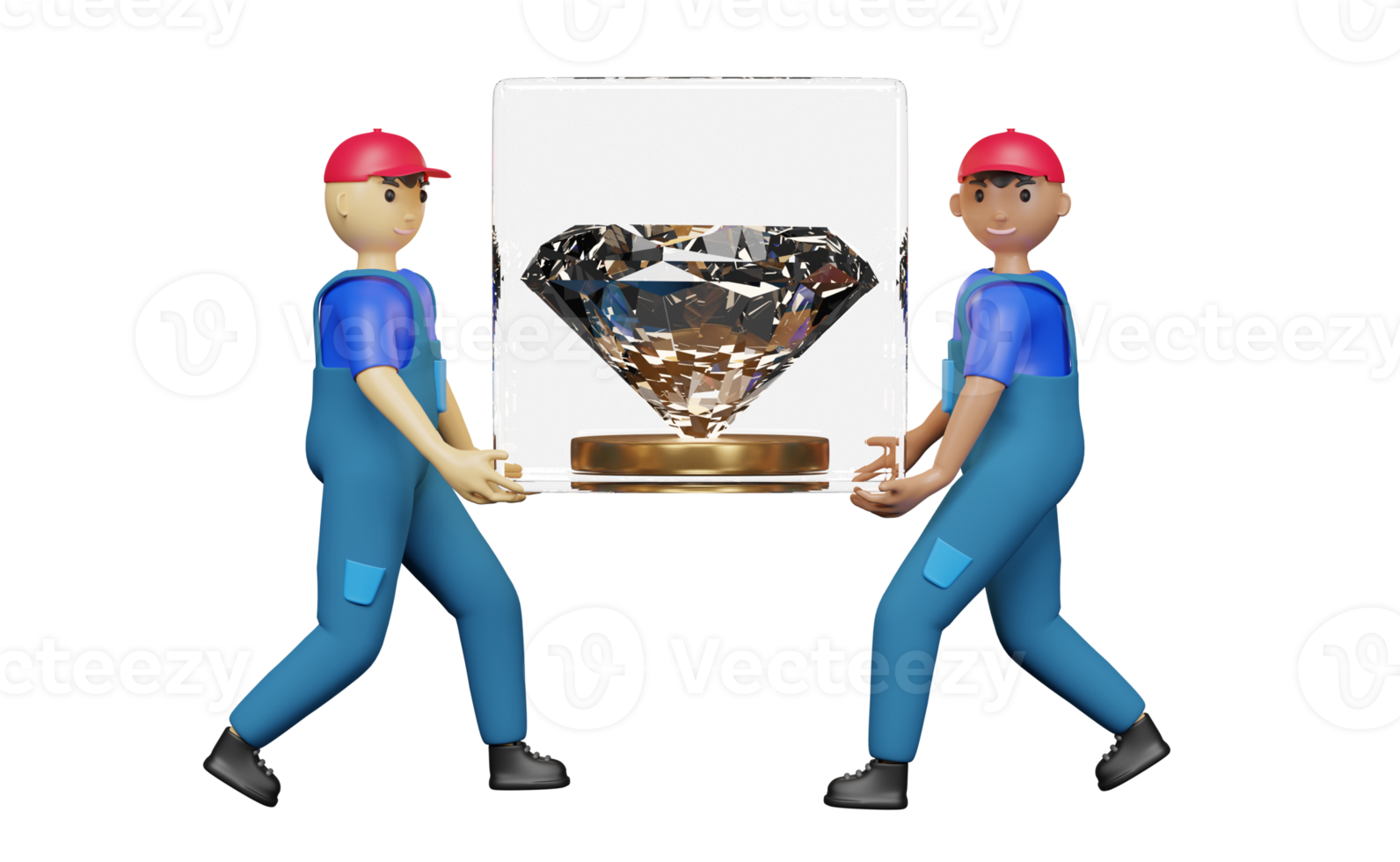 cartoon character delivery or relocation service for Items of value company ,delivery man movers diamond with glass box and golden podium, 3d illustration or 3d render png